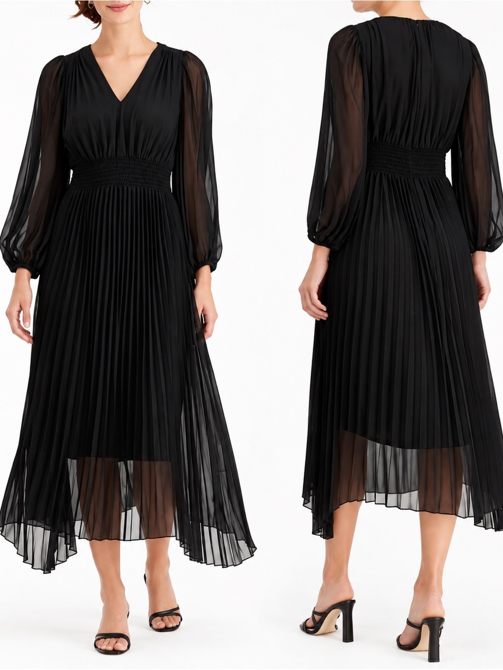 Black V‑Neck Midi Dress with Pleated Skirt and Chiffon sleeves (10)